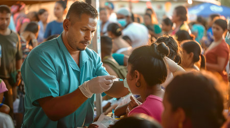Doctor, medical scrubs, administering vaccines to diverse group of people, in a crowded clinic, during a sunny day, captured in a vibrant and realistic photography style with golden hour lighting, Panoramic viewの素材