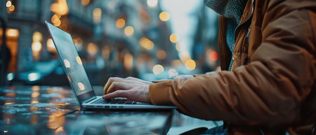 A digital nomad typing on a laptop in a bustling urban environment, blending work and exploration seamlessly Realistic, Overcast lighting, Depth of Field Bokeh effect, Birds-eye viewの素材