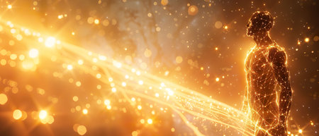 Celestial Being, no cloth, ethereal entity, navigating through a cosmic realm, shimmering with light, 3D render, golden hour, HDR, Side viewの素材