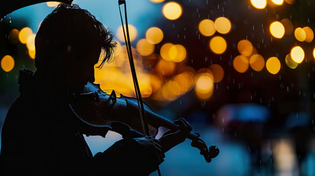 Musician, Flowing melody, Harmonious notes, Exploring the fusion of music and photography in a stunning visual composition, Rainy, Photography, Silhouette Lighting, Bokeh Effect, Eye-level angleの素材