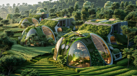 Autonomous ecovillages where technology and nature coexist, showcasing sustainable living with smart agricultureの素材