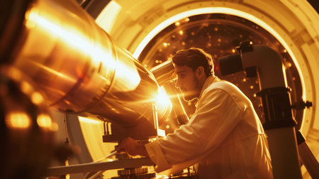 Astronomer, Observatory, decoding signals from cosmos, unveiling secrets of existence Realistic, Golden Hour, Motion Blur, Extreme closeup shotの素材