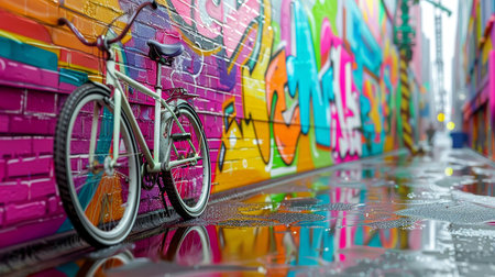 Bicycle parked against a colorful graffiti wall, urban street scene, vibrant colors on a rainy day, 3D render with a bokeh effect, Crane shot viewの素材