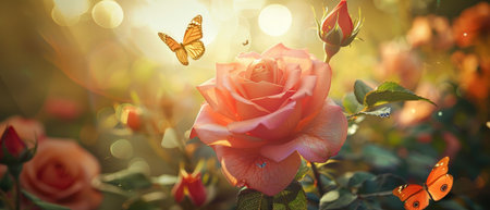 An enchanted rose, blooming vibrantly in a secluded garden, surrounded by fluttering butterflies The soft, warm sunlight bathes the scene, enhancing the ethereal beauty Photography, Sunlight, Bokeh Effect, Macro shotの素材