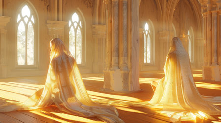 Digital Goddess, Ethereal Robes, Glowing with Light, A serene virtual temple, Soft sunlight streaming through, 3D Render, Golden Hour, Vignette Effect, Split screen viewの素材