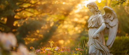 Winged Angel, flowing robe, majestic statue standing in a lush garden, surrounded by flowers and trees, basking in calming sunlight Realistic sculpture with golden hour lighting and a subtle depth of field bokeh effect, Lowangle viewの素材