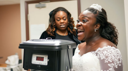 A brides final weighin before her wedding, excited, milestoneの素材