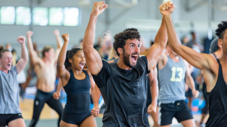 Celebratory team workouts after a win, joyful, united, victoriousの素材