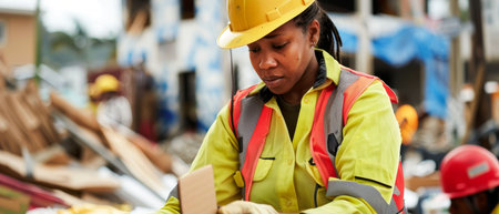 Disaster relief worker amidst chaos, helping hands, heart heavyの素材