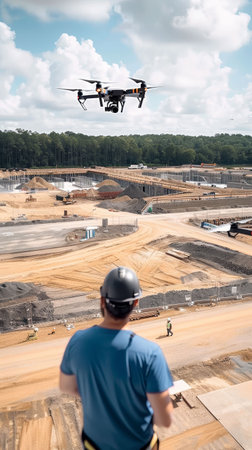 Drone surveying a large construction site, modern tech, aerial viewの素材