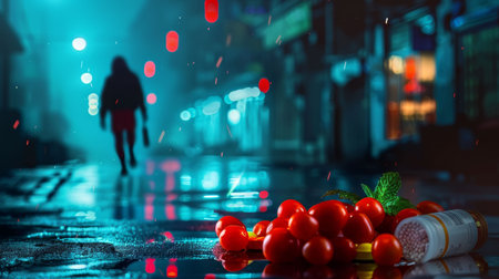 A dark figure walks away from a pile of cherry tomatoes and pills spilled on the wet pavement, lit by a single street lamp.の素材