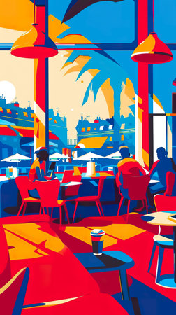 Remote Worker, Smart Devices, Flexible Schedules, Bustling Cafes, Vibrant Co-working Spaces, Photography, Backlighting, Depth of Field Bokeh Effect, Birds-eye viewの素材