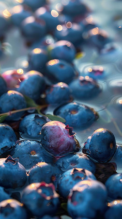 Blueberry, tiny spheres, juicy burst, cooling essence Imagine a serene lake, where ripe blueberries float magically Presented in a photograph with backlighting, evoking a tranquil, watery feel with a hint of vignette, Wide-angle viewの素材