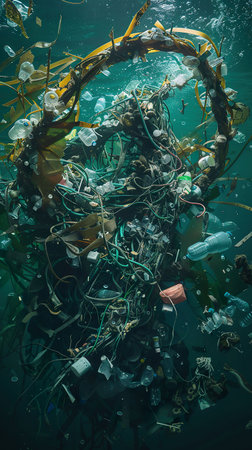 Sea creature, entangled in plastic waste, struggling to swim in an ocean filled with debris Photography, using backlighting to symbolize the fragility and endangerment of marine life, Aerial viewの素材