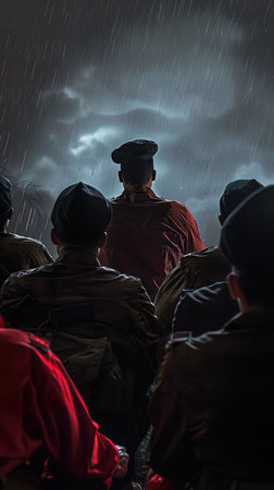 Revolutionary Leader, in command attire, addressing a diverse group of rebels, in a secret meeting room, during a stormy night, Realistic, Silhouette lighting, HDR, Eye-level angleの素材