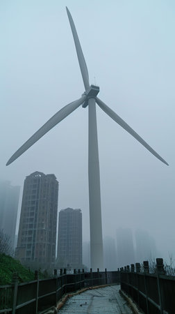 Wind turbine, in an urban setting, standing tall against pollution Realistic, overcast lighting, with a touch of backlight for dramatic effect, Eye-level angleの素材