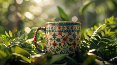 World Harmony Mug, Fusion of Symbols, Blend of global patterns on a cup symbolizing unity across cultures, surrounded by lush greenery, 3D render, Backlights, Vignette, Rack focus viewの素材