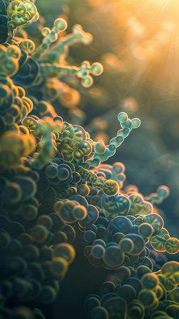 Microbes, Bacteria, Diverse Ecosystems, Unseen World, Impact on Environment, Realistic, Golden Hour, Depth of Field Bokeh Effect, Crane shot viewの素材