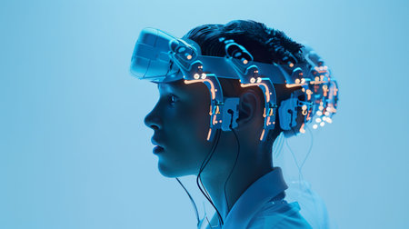 Mood Regulator, device, controls fear, enhances social interactions as users tailor emotions 3D render, rim lighting, double exposure, Over-the-shoulder shotの素材