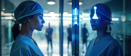 Nurse, digital thermometer, AI system, monitoring vital signs continuously to alert for any deviations, Photography, Silhouette Lighting, Bokeh Effect, Mirror shotの素材