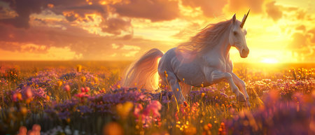Unicorn, Flowing Mane, Enchanted Horse, Galloping through a Field of Flowers, Sunset, Realistic, Backlights, Crane shot viewの素材