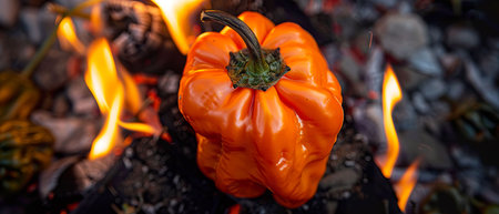 Vibrant orange chili pepper, fiery hot and spicy, igniting the senses with intensity Picture it amidst flickering flames, radiating a passionate glow Photography, Golden Hour, Vignette, Top-down viewの素材