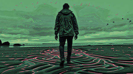 A winter beach walk, contemplative solitude, cold sand underfoot, horizon stretching wide  169の素材