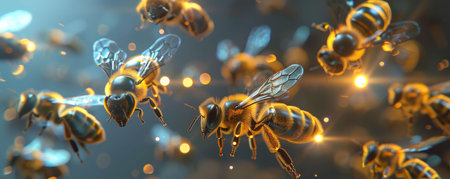 Capture the graceful formations of robotic bees in an aerial ballet using photorealistic digital rendering techniques Illuminate the scene with a soft, ethereal glow to emphasize the precision and beauty of their synchronized movementsの素材