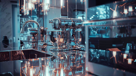 Capture a rear view shot of a futuristic kitchen appliance in a sleek silver finish through a glitch art filter, highlighting intricate details and texturesの素材