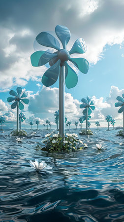A floating wind farm with turbines that resemble giant flowers, harnessing wind and solar energyの素材