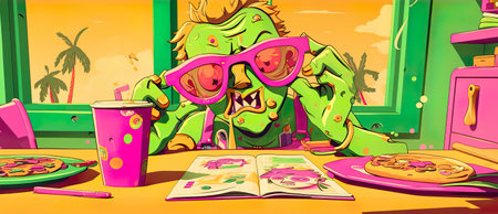 Film Directors, Signature glasses, Adding a touch of whimsy, At a bustling coffee shop, Sunny day, 3D render, Lens Flare, Vignette, Eye-level angleの素材