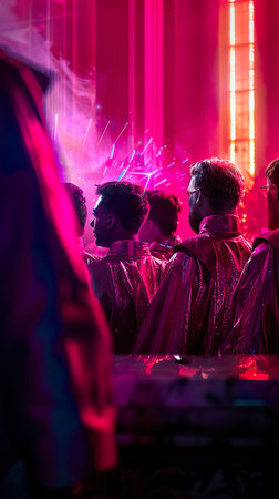 Elder Council, Intricate Robes, Secret negotiations in opulent marble chamber, as star systems hang in the balance, photography, Golden hour lighting, Double Exposure effects, Worms-eye viewの素材