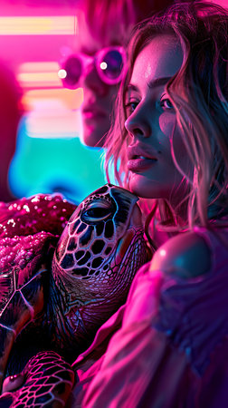 Sea turtle, ocean, endangered species protection, coral bleaching challenge, realistic photography, Silhouette lighting, Lens Flare, Close-up shotの素材