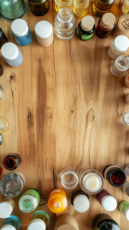 A defocused arrangement of empty cosmetic bottles and jars in a circular pattern on a wooden surface, emphasizing beauty and sustainabilityの素材