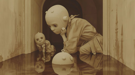 Illustrate a mesmerizing scene of sci-fi robots delving into a labyrinth of ancient ruins, surrounded by ethereal lighting and unique perspectives that emphasize the grandeur of the surrealistic architecture Push boundaries with innovative digital techniques for a captivating visual narrativeの素材