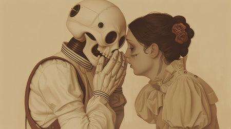 Illustrate a thought-provoking scene of a futuristic robotic being confronting its inner fears, depicted in photorealistic detail from a unique, unexpected perspectiveの素材