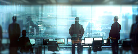 Blurred business people in a modern boardroom, reviewing documents and digital charts on a large screenの素材