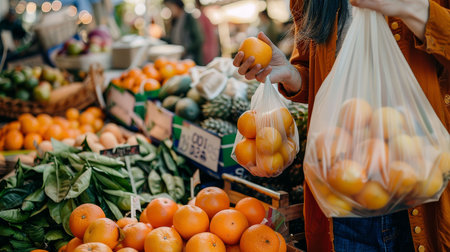 Woman filling a bag with organic oranges from a bustling farmers market stall showcasing fresh groceriesの素材