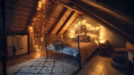 Cozy attic bedroom with sloped ceilings, a wrought iron bedframe, and string lights illuminating the wooden beamsの素材