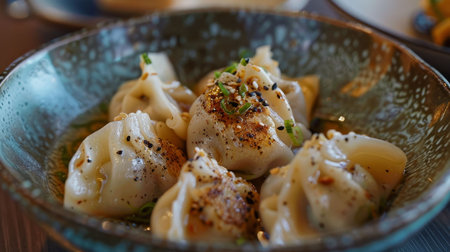 Coconut-filled Thai dumplings in a ceramic bowl, offering a delightful blend of colors and a soft textureの素材