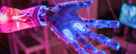 High-tech prosthetic limbs offering real-time biomechanical feedback via glowing sensors and digital screensの素材