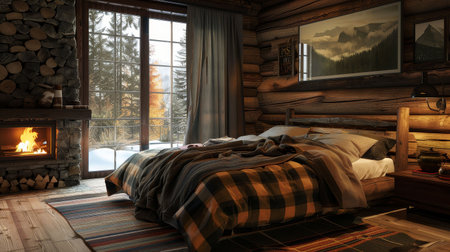 Rustic cabin bedroom with a log bedframe, flannel bedding, and a fireplace crackling warmly beside itの素材