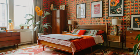 Retro-themed bedroom with bold-patterned wallpaper, a teak bedframe, and vintage posters on the wallsの素材