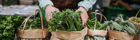 Shopper arranging bunches of fresh herbs and greens into bags at a bustling farmers marketの素材