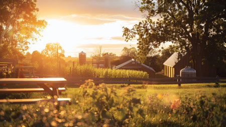 Local organic brewery serving freshly brewed craft beer in an idyllic farm setting under the evening sunの素材