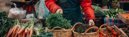 Local grocer arranging baskets of fresh greens, carrots, and root vegetables on a colorful market standの素材