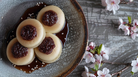 Japanese dorayaki pancakes filled with red bean paste and neatly arranged on a minimalist geometric plateの素材