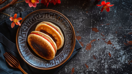 Japanese dorayaki pancakes filled with red bean paste and neatly arranged on a minimalist geometric plateの素材