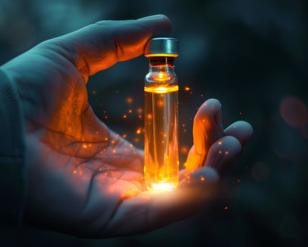 A close-up of a hand holding a glowing vial, representing a breakthrough in cancer medicationの素材