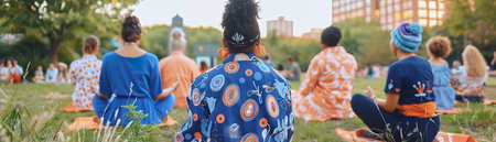 A group meditating peacefully in a park at sunrise, embodying mindfulness and community well-beingの素材